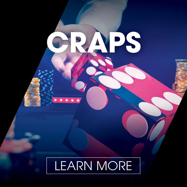 An image of casino dice with a Learn more button for how to play Craps which will land on the rules